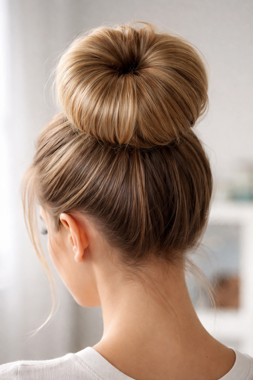 Close-up of a donut-base volume bun with hair fanned around a donut.