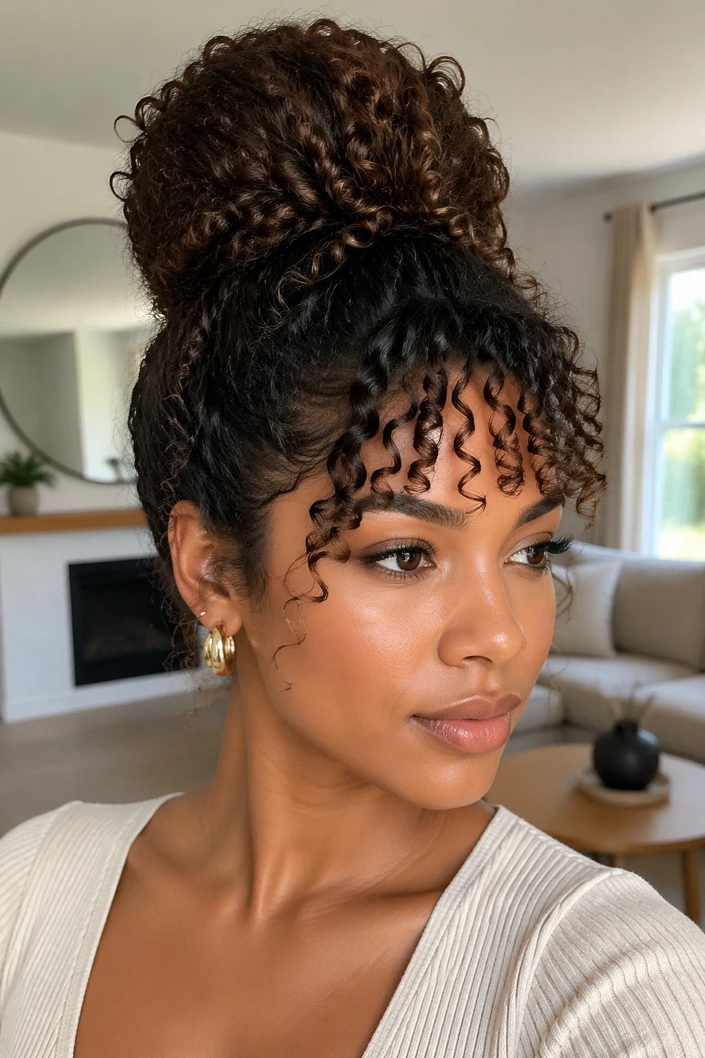 Real woman with donut bun and spiral bangs in bright interior.