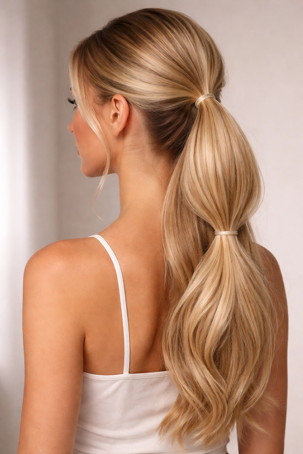Close-up of long blonde hair in a double-banded ponytail showing two elastics.