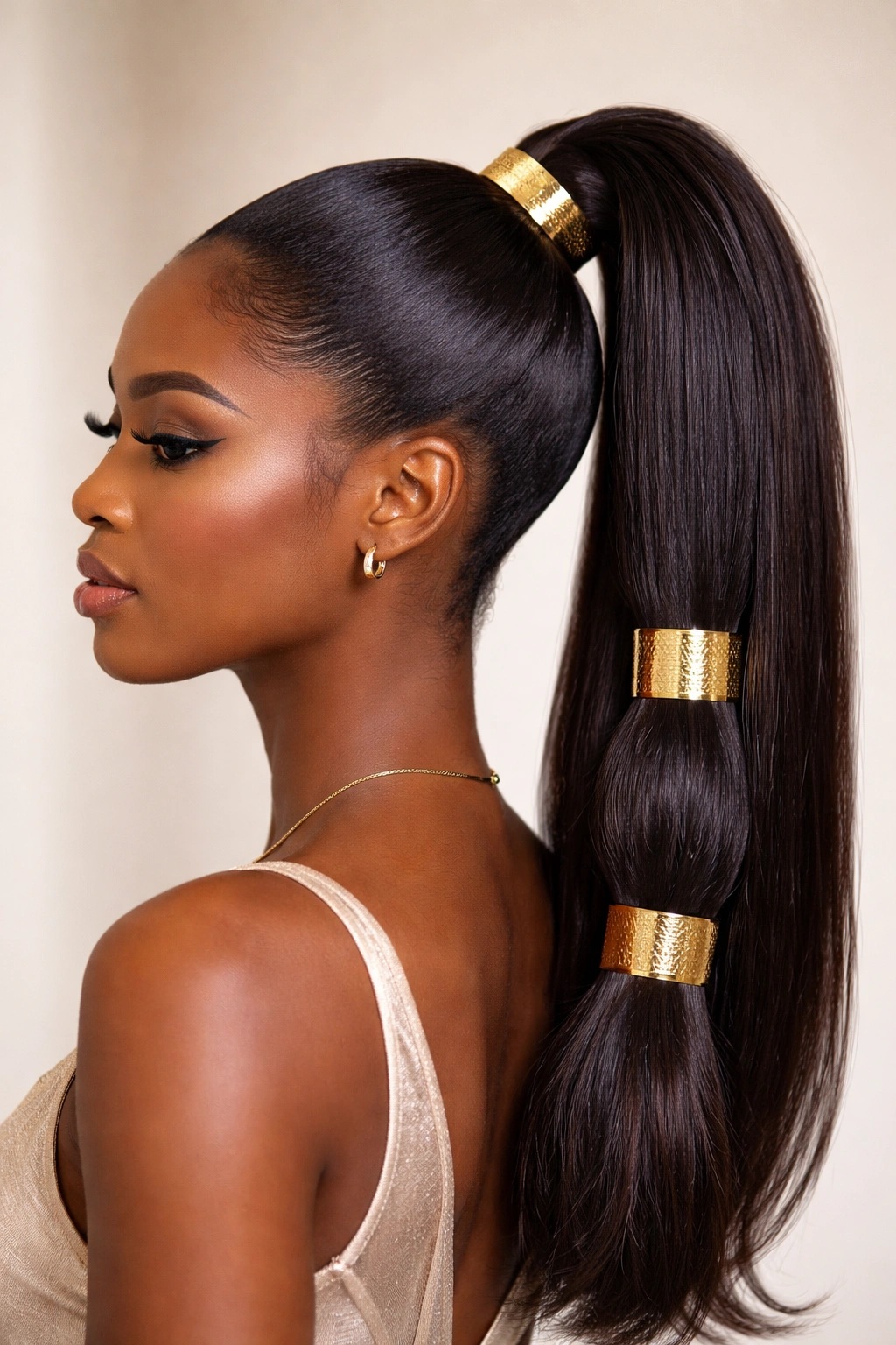 High ponytail with decorative metallic bands around the hair