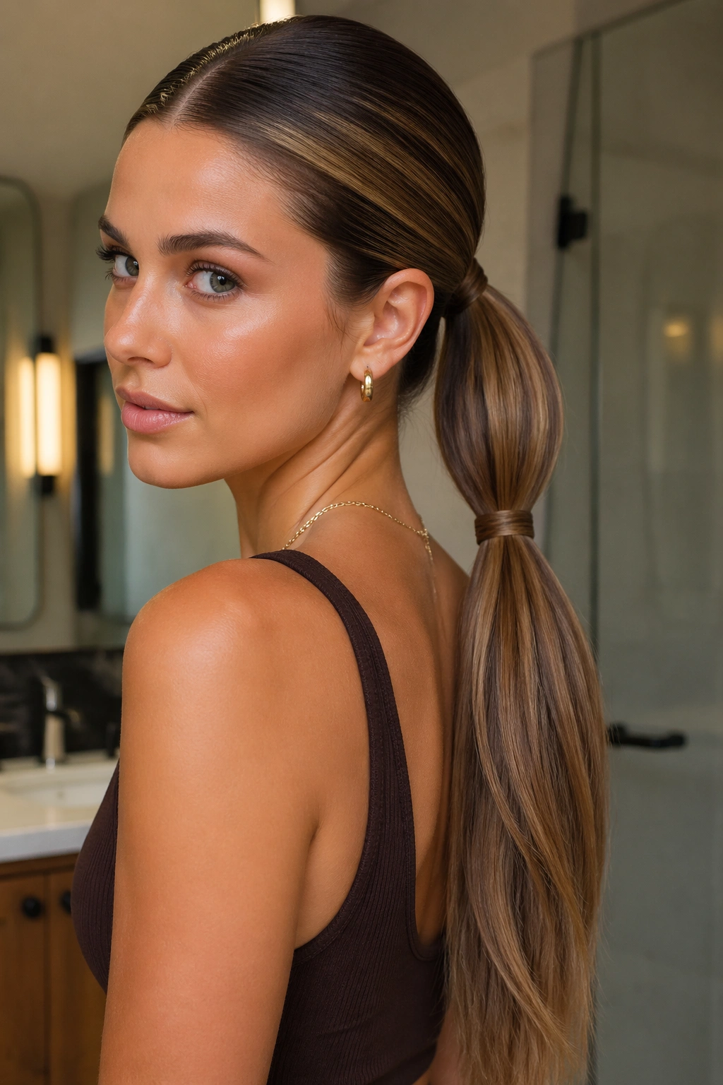 Real woman with a double-banded ponytail showing two elastics along the length