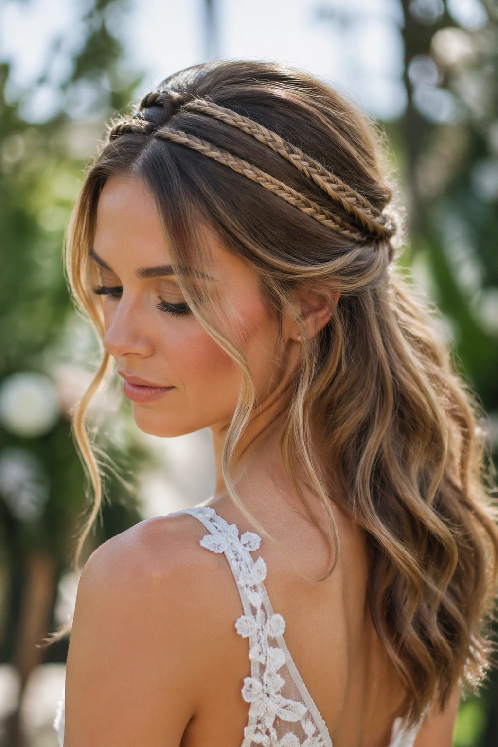 Real woman with double braid crown and soft waves in a boho wedding setting