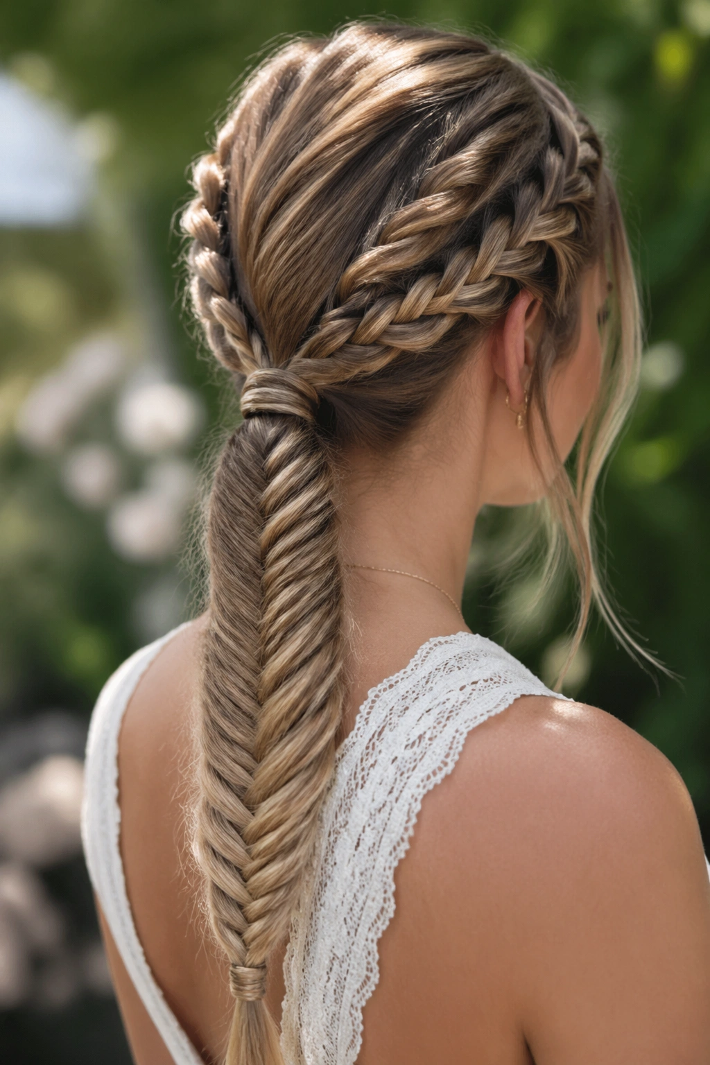 Close-up of a real woman with two small braids feeding into a fishtail ponytail