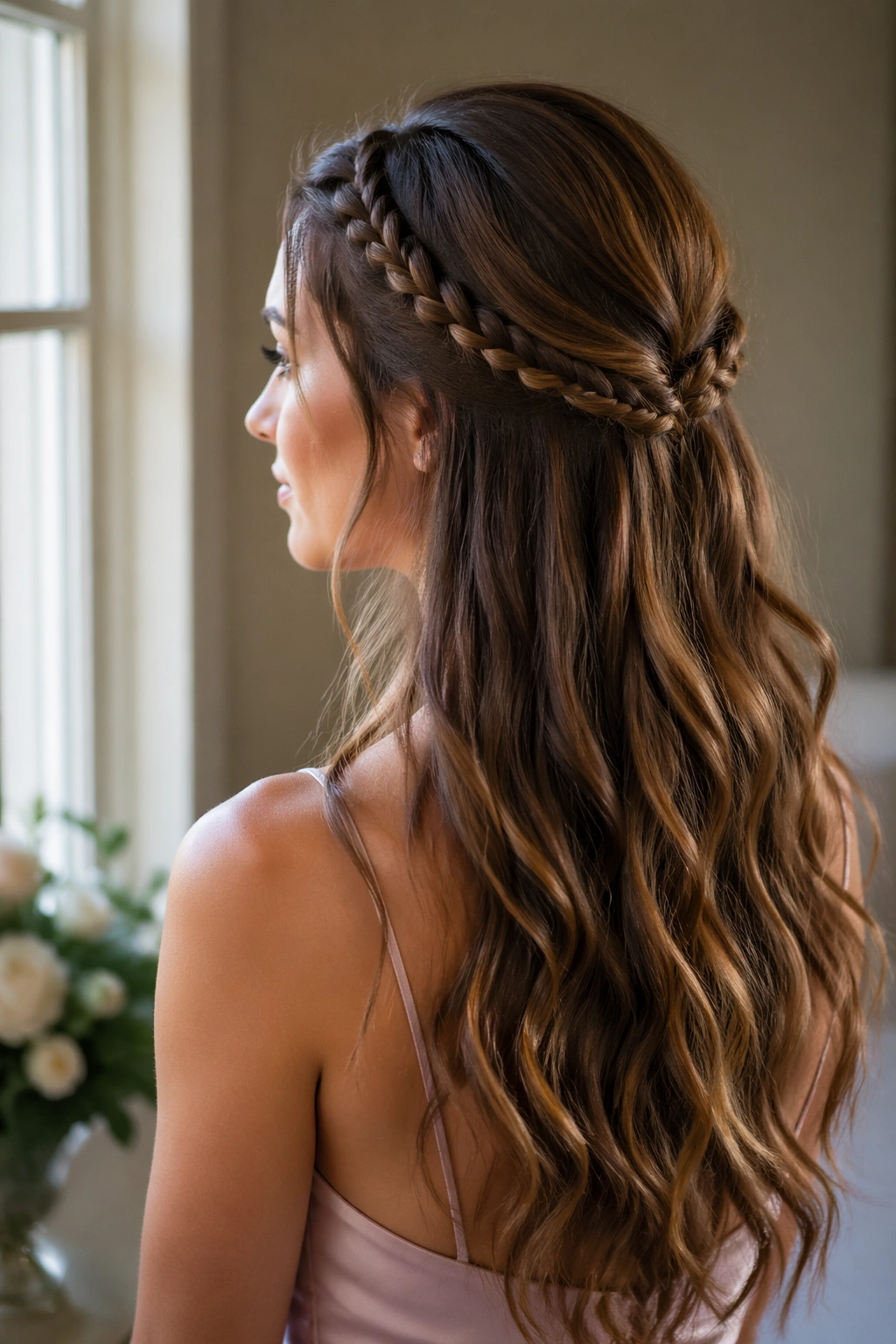 Close-up of real woman with double braids half-up in a bridal backstage setting