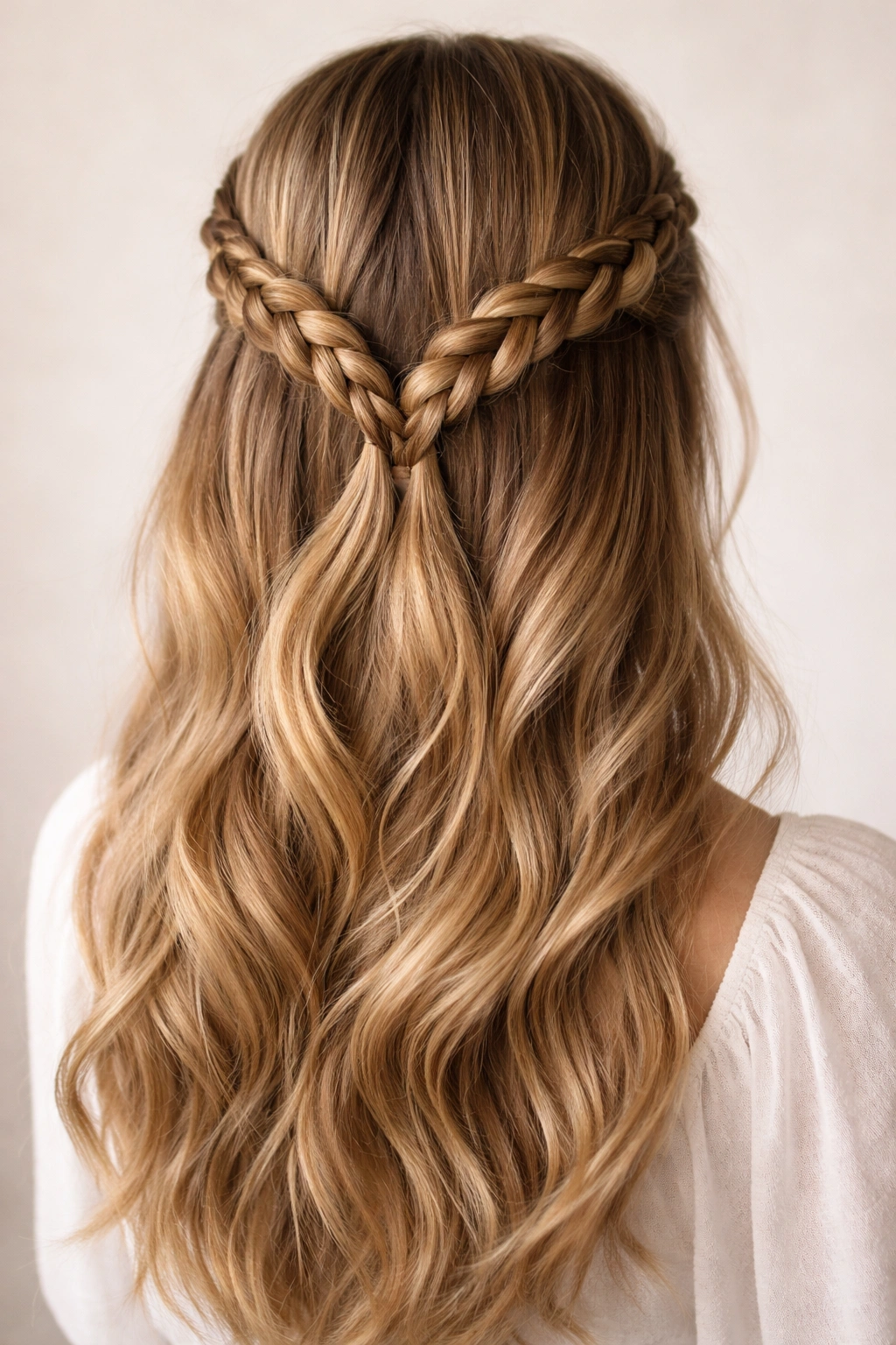 Double braid loop hairstyle with two braids looping to the back