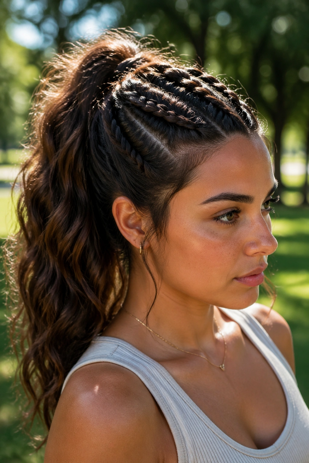 Close-up of a real woman with two small braids and a ponytail
