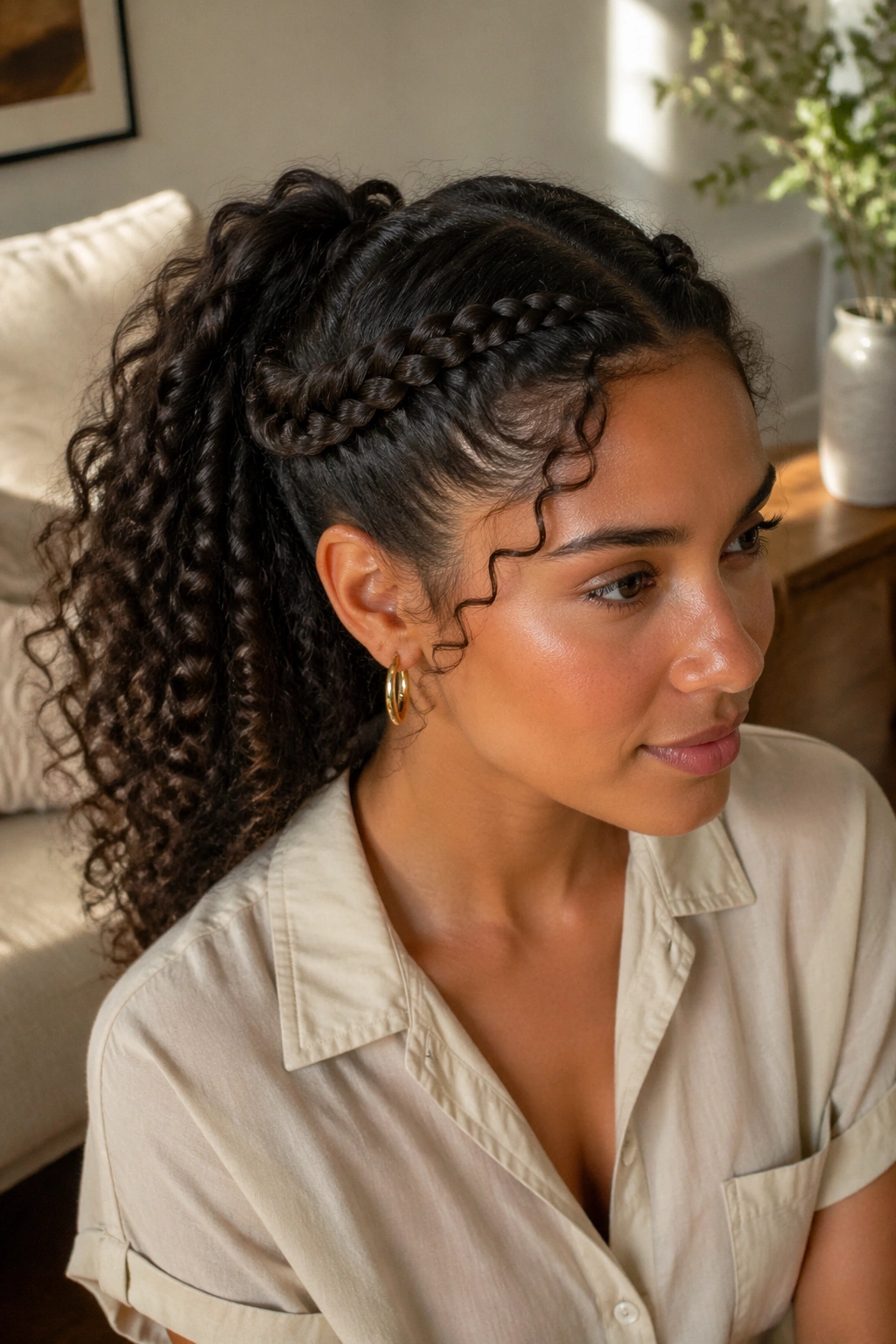 Close-up of a real woman with two side braids merging into a curly ponytail in a sunlit room