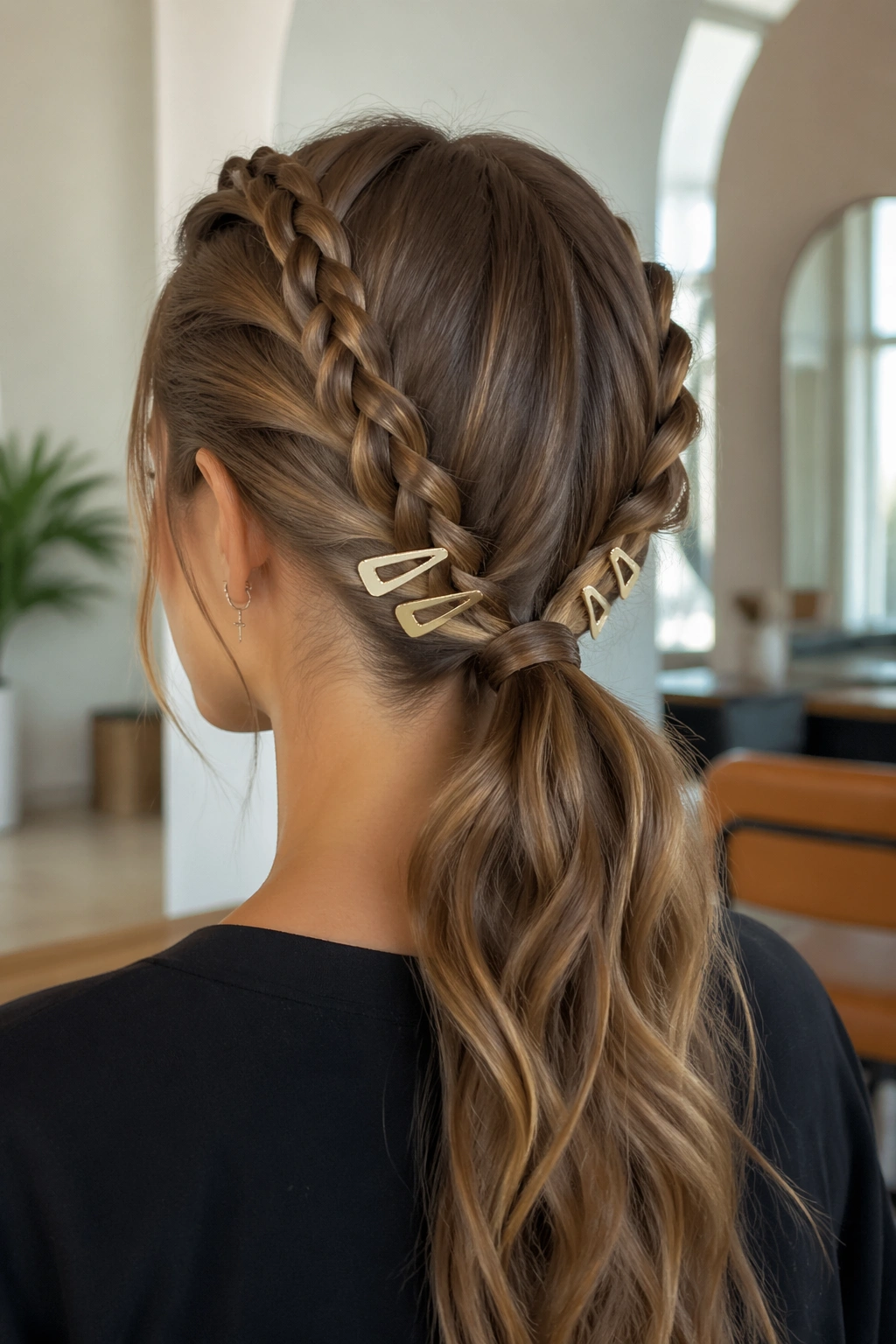 Medium close-up of a real person with a double-braid butterfly ponytail and snap clips in a modern salon
