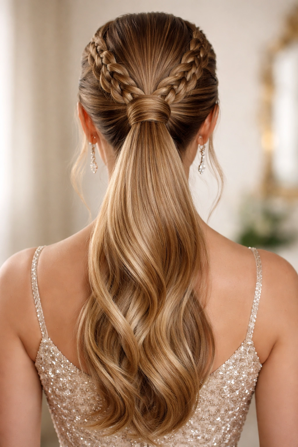 Double braided pony with braids meeting in a central ponytail.