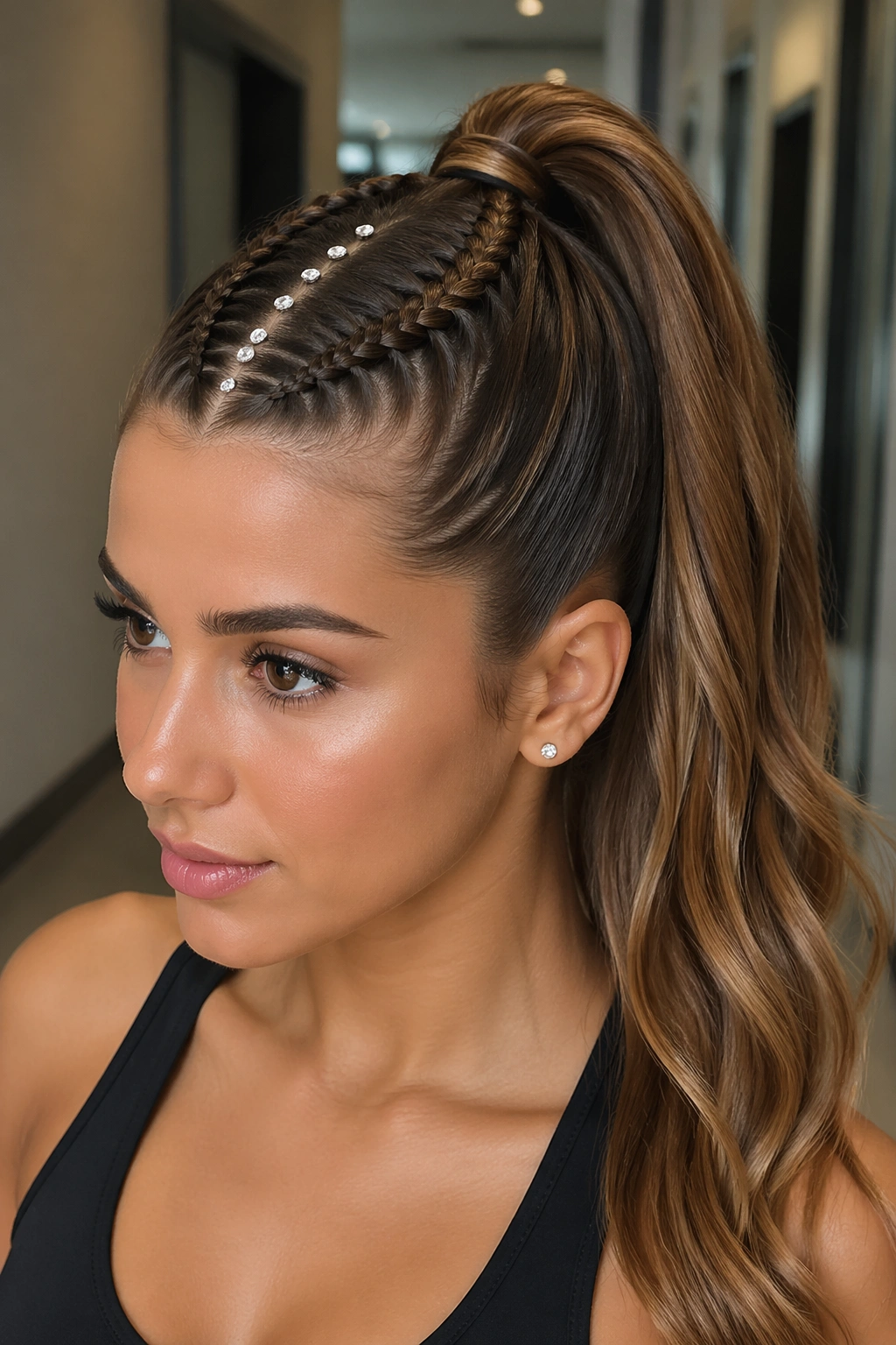 Close-up of a real person with double braided ponytail and crystals along the center seam.