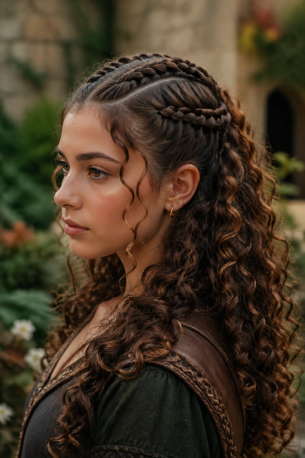 Portrait of a real person with two braids pulled back into curls.