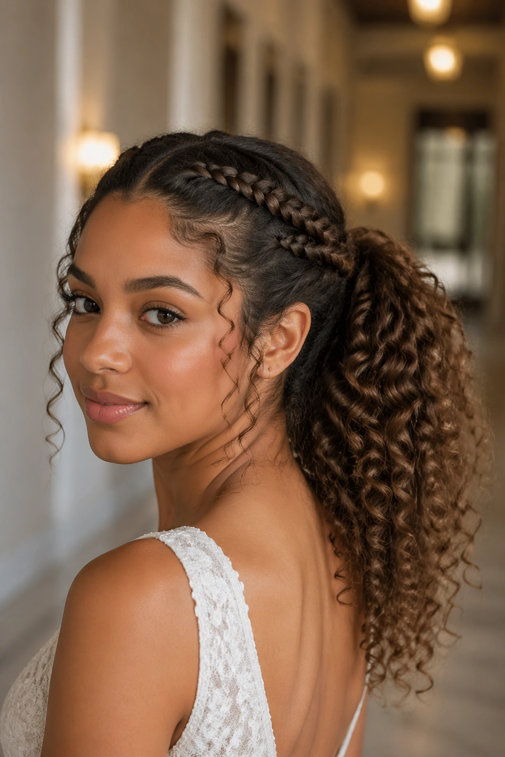 Double braids feeding into a curly ponytail on a real person