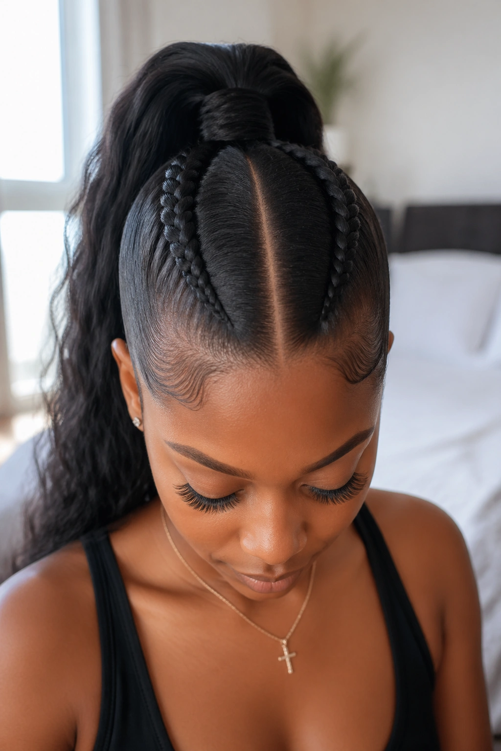 Real woman with two braids feeding into a high ponytail and centered middle part