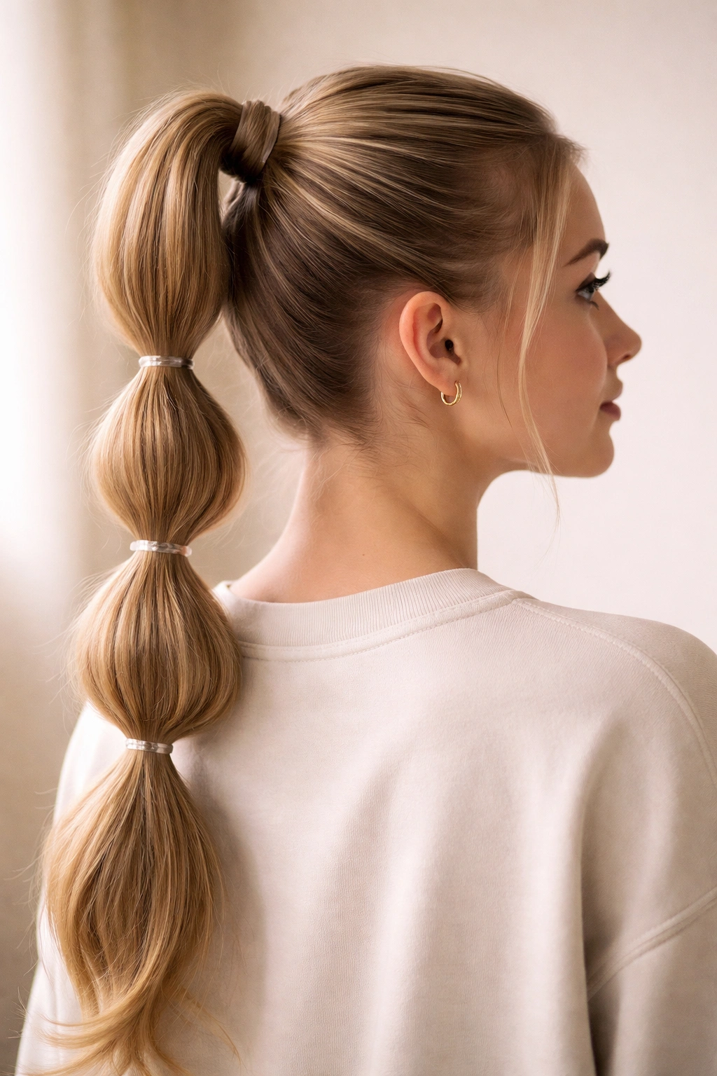 High ponytail with bubble sections created by elastics.