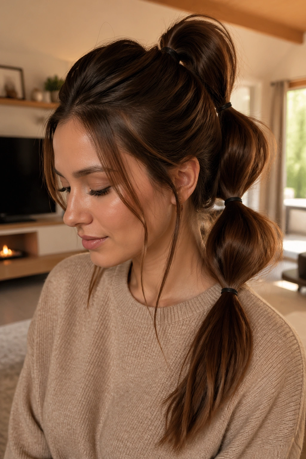 Close-up of a real woman with a double-bubble ponytail showing two bubbly sections
