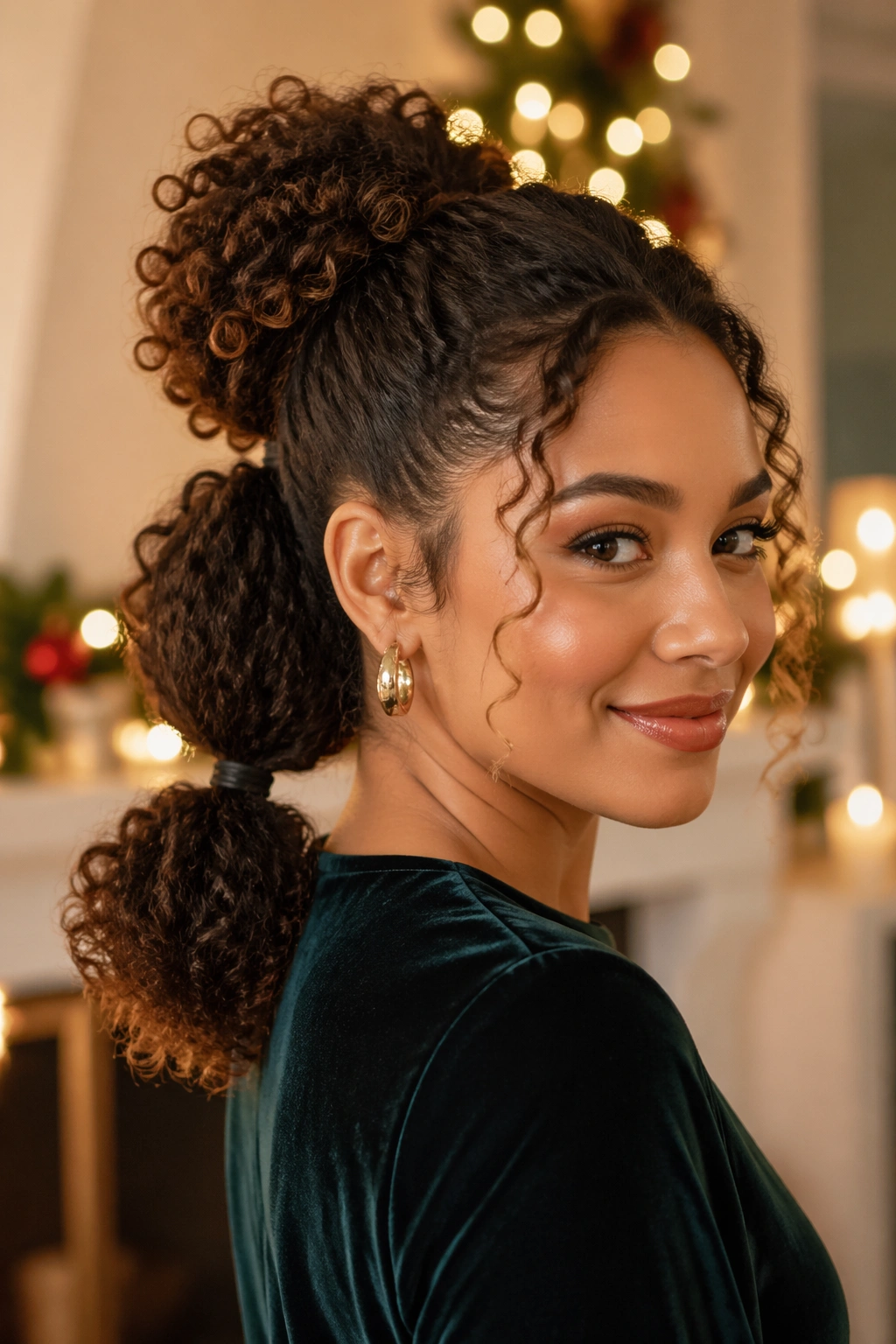Close-up of a real woman with two bubble ponytail sections giving a playful sculpted look