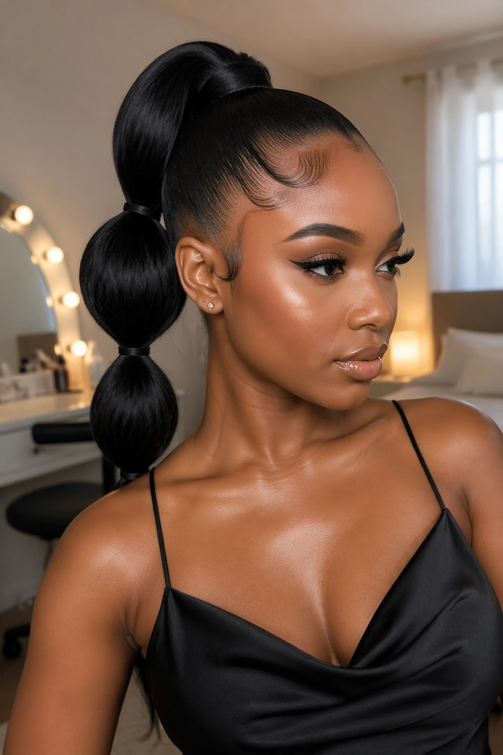 Close-up of a real Black woman with a double bubble ponytail, two bubble sections