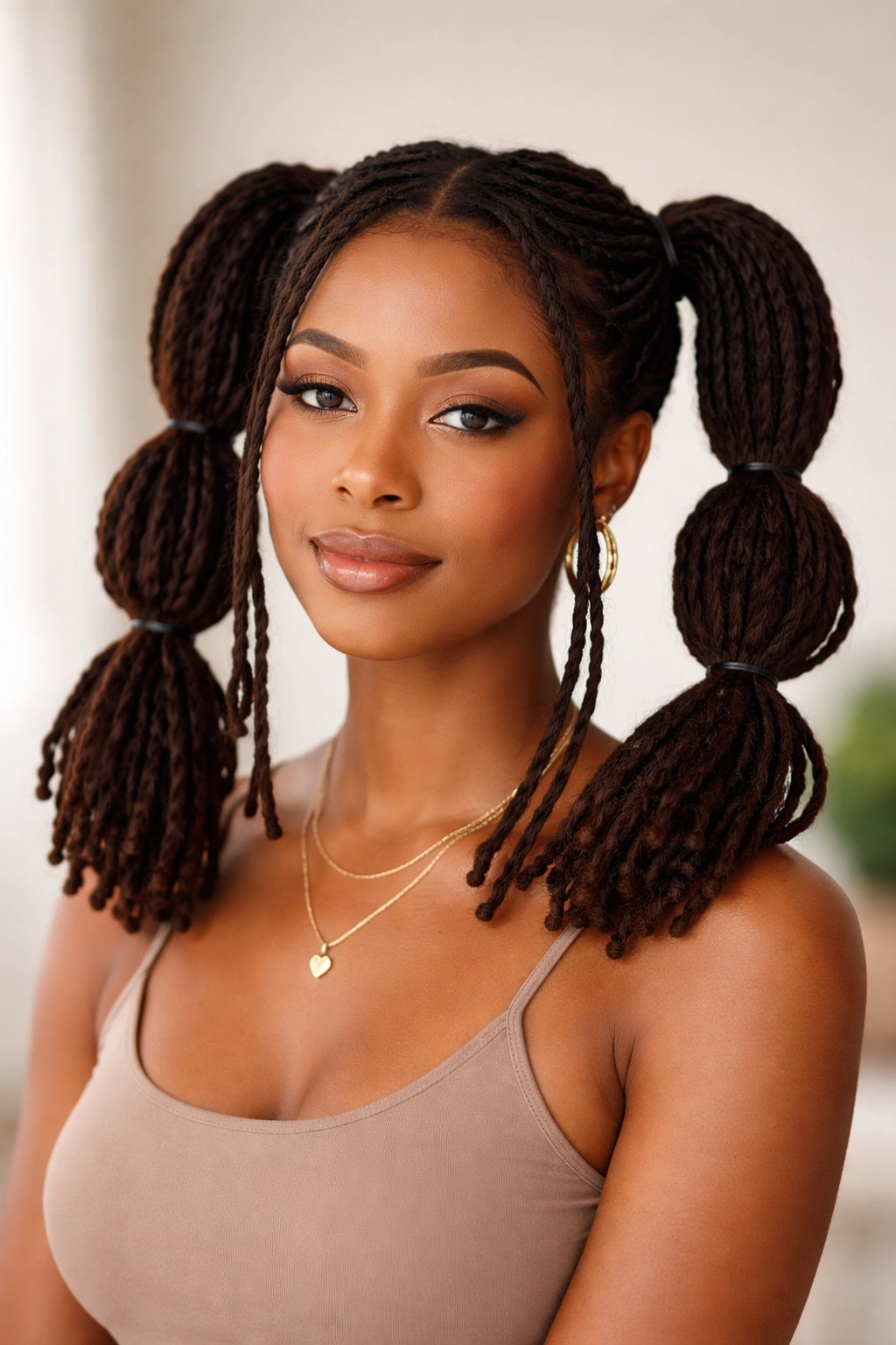 Front view of two bubble ponytails on locs balanced on each side