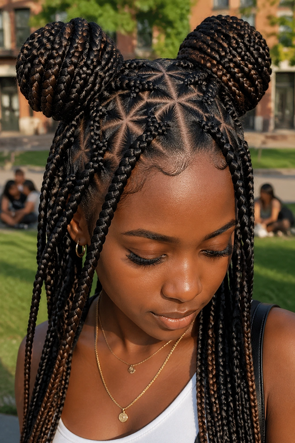 Real person with double buns and twin star designs in box braids