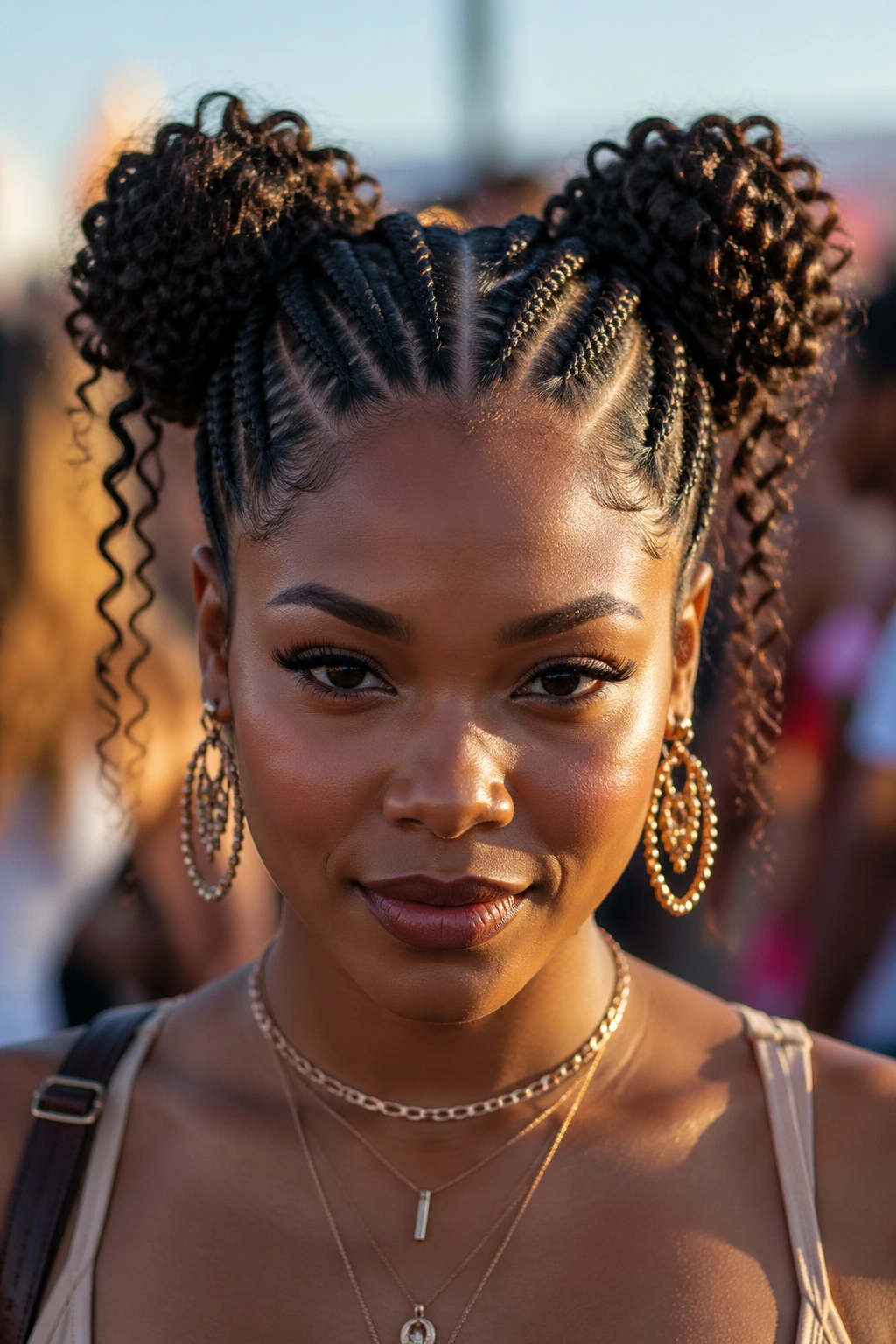 Close-up of a real woman with double buns formed by cornrows and curling tendrils