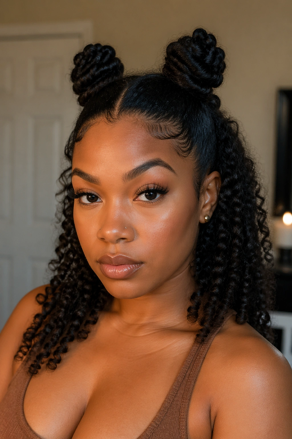 Close-up of a real Black woman with double buns on top and curly back hair
