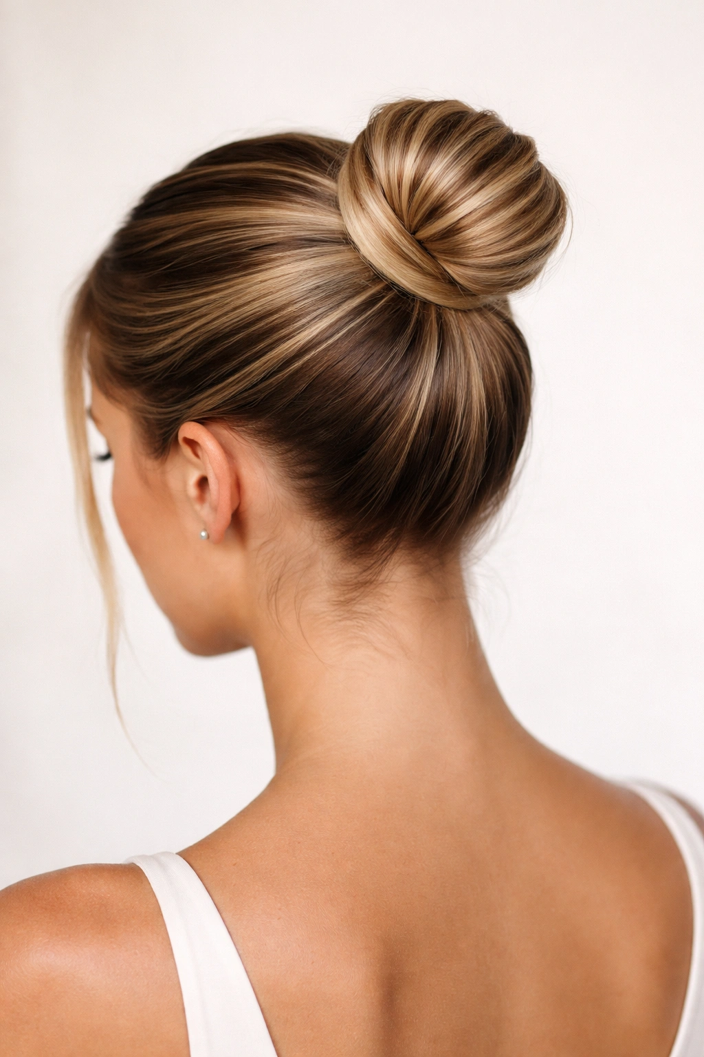 Two small sleek buns stacked vertically for a modern double-bun look