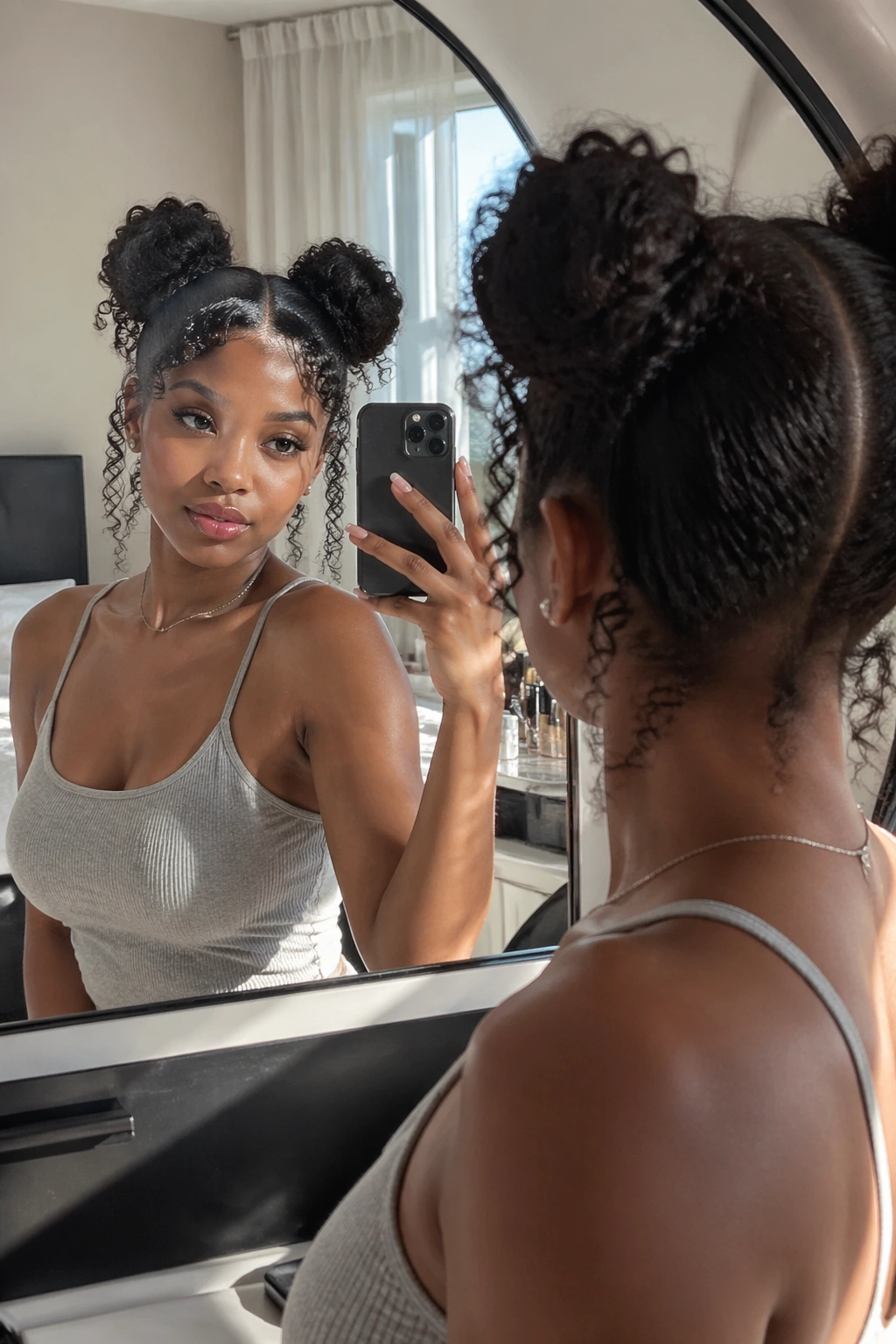 Over-the-shoulder selfie of double buns with curly ends