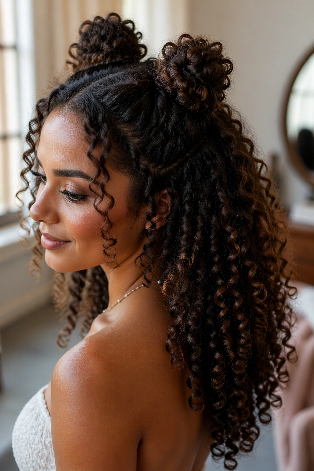 Close-up portrait of a real woman with two high mini buns and thick curls for wedding hair