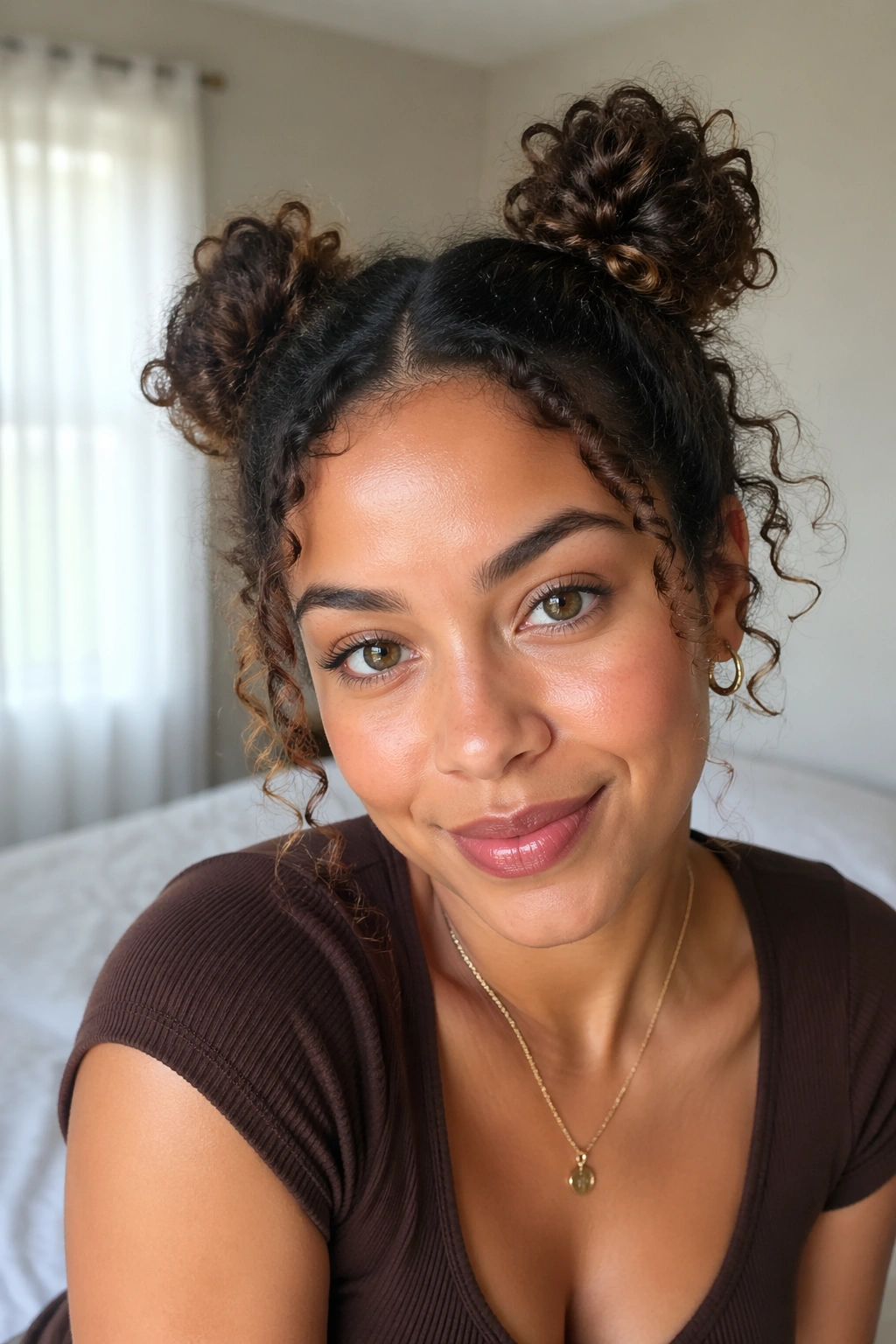 Close-up of woman with double space buns and curly ends.