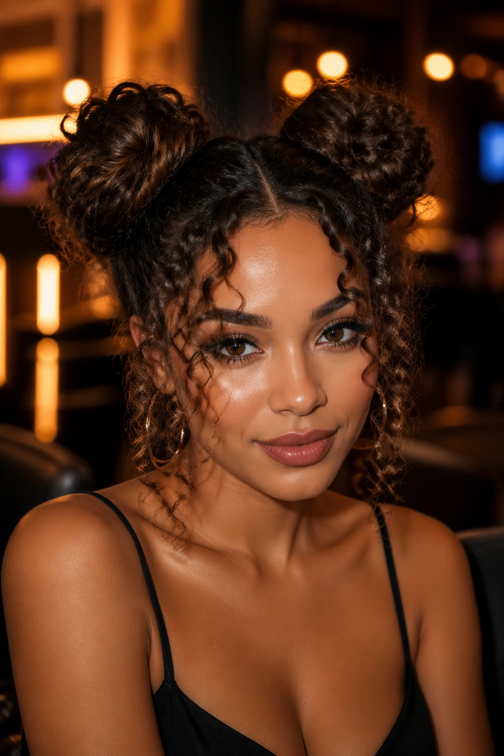 Real person with two curly buns and loose texture in a chic lounge