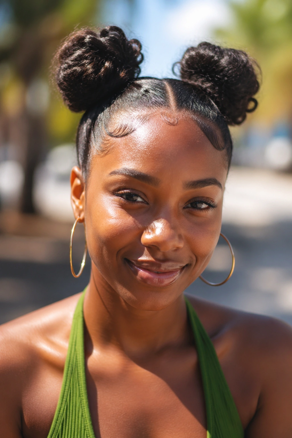 Portrait of a real woman with two high crown buns.