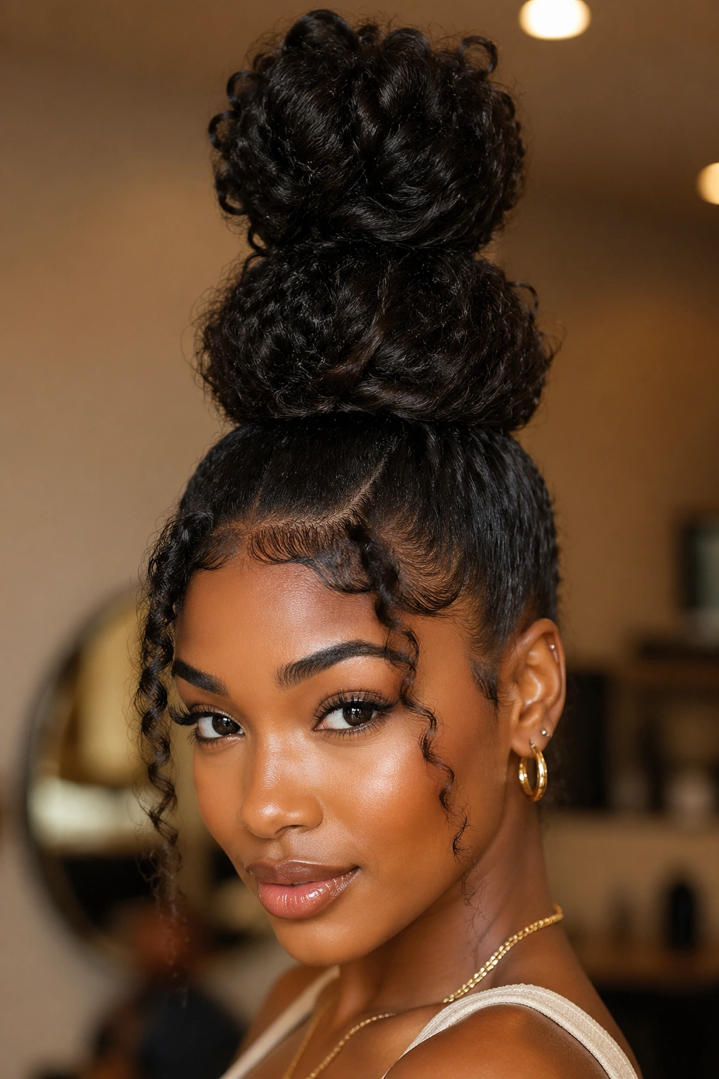 Portrait of a real woman with two stacked buns on top of her head.