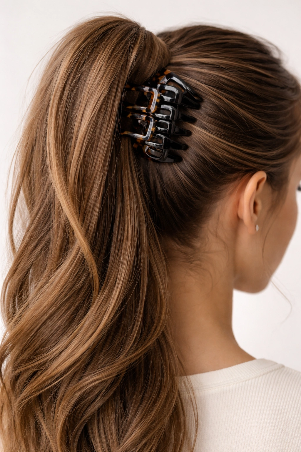Two interlocked claw clips securing a high ponytail for added security