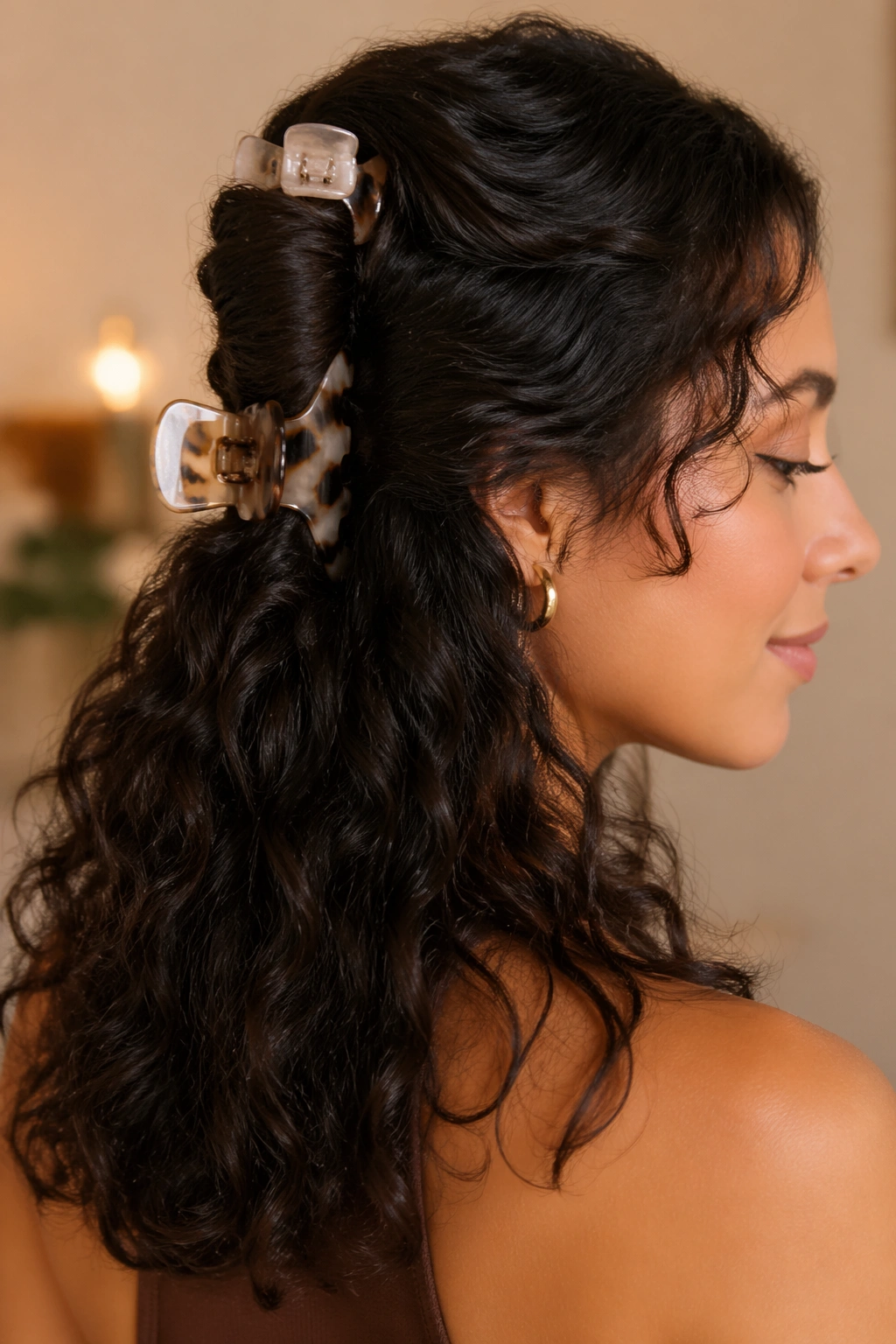 Close-up portrait of a real woman with two-clips stack hairstyle