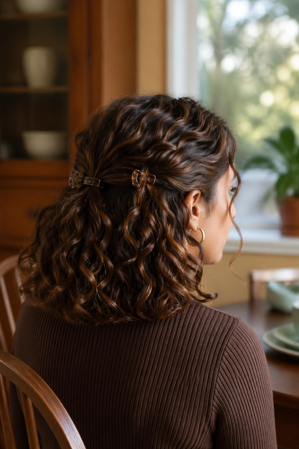 Back view of a real woman with two clips on either side of the back hair in a symmetrical half-up style.