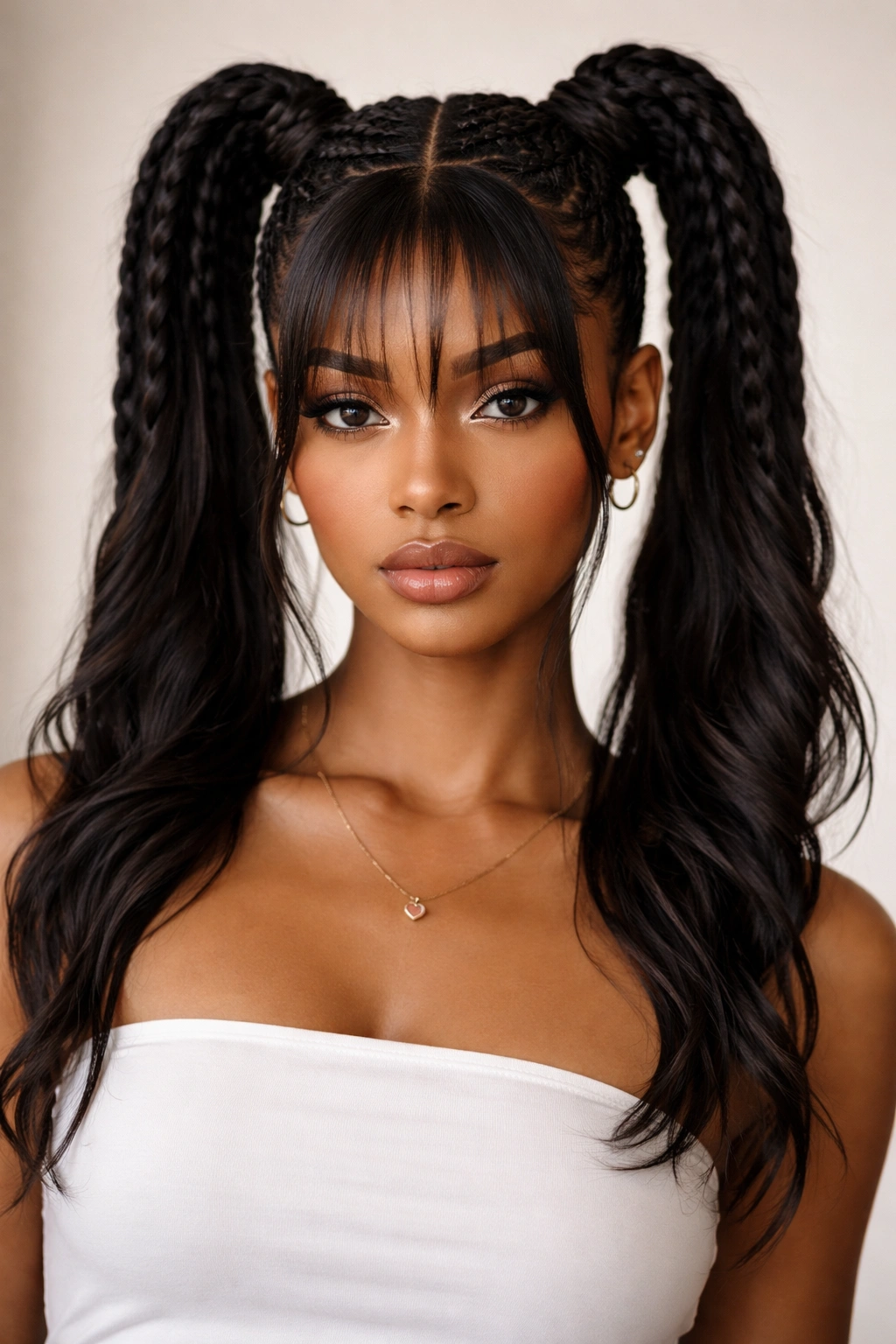 Double cornrow ponytails with face-framing bangs