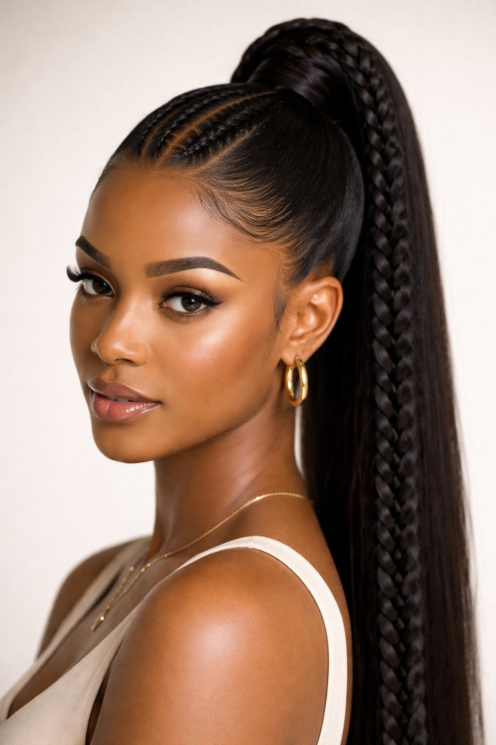 High braided pony with double cornrows at crown, sleek and structured
