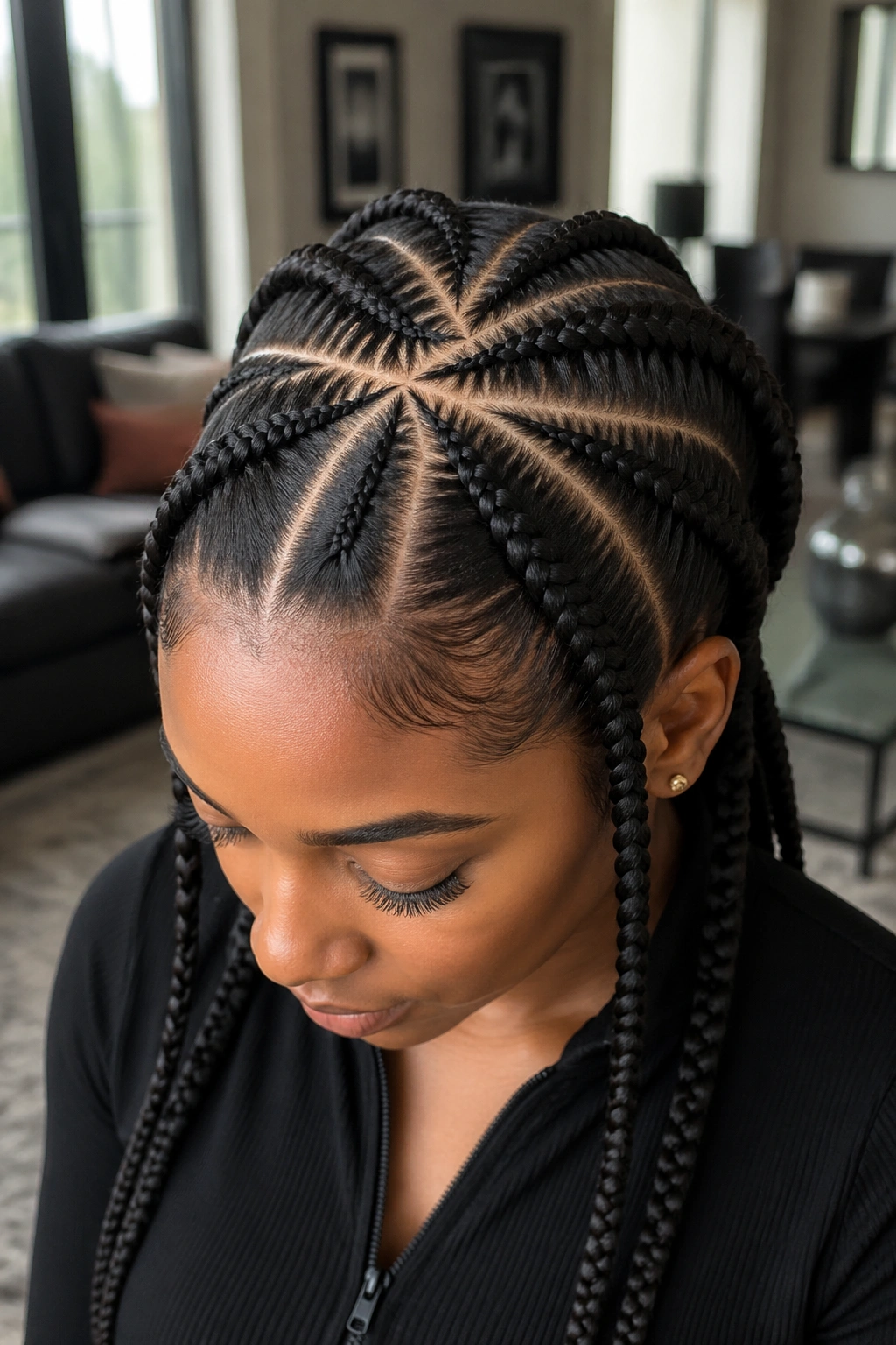 Close-up of a real woman with double criss cross four braids across the crown