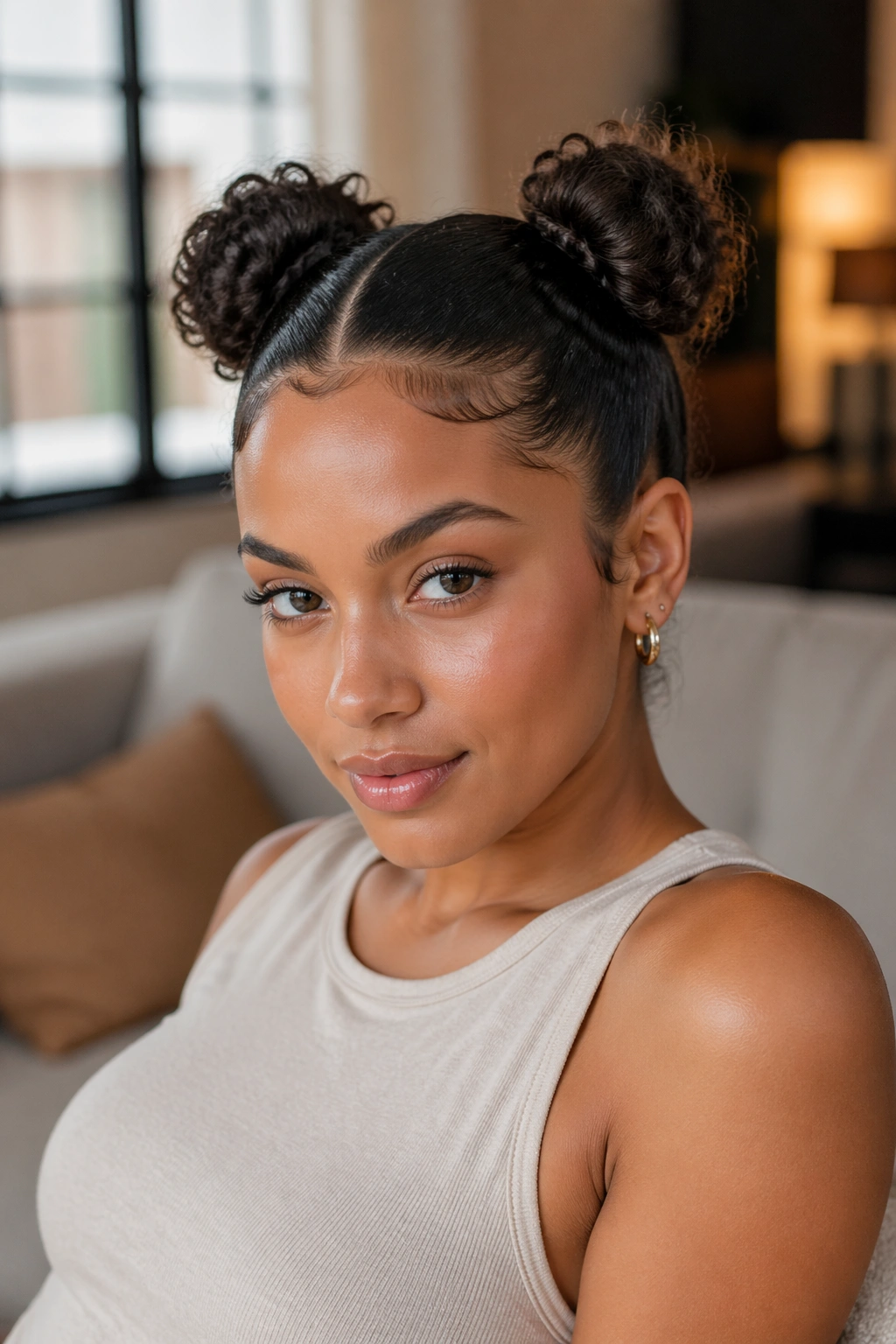 Two neat curly buns with a clean part