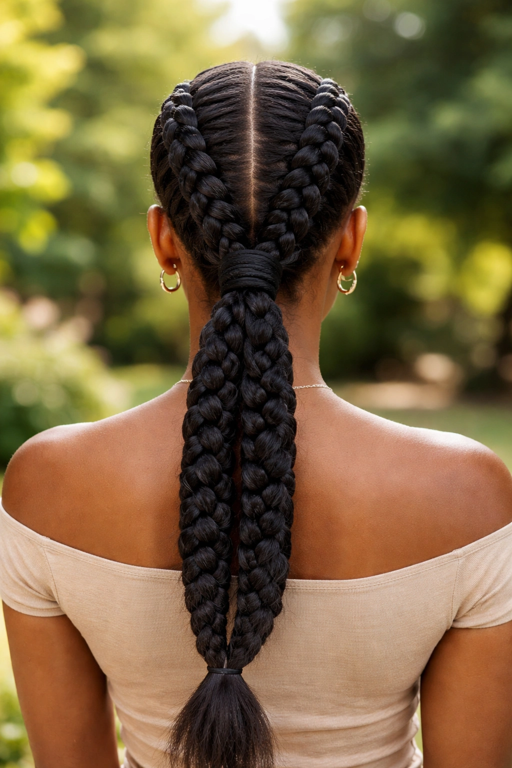Back view of a real woman with two Dutch braids into a ponytail