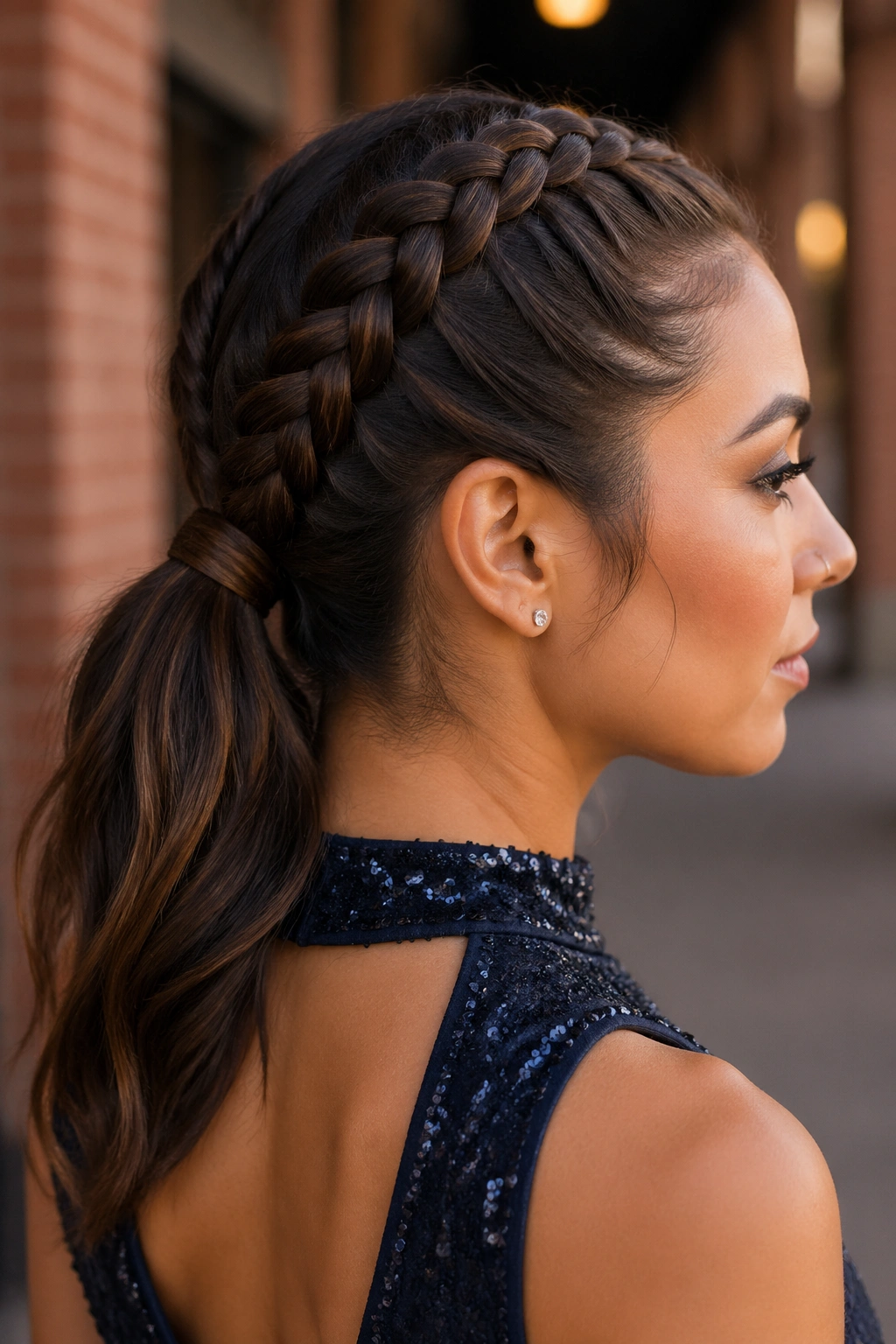 Close-up of real woman with two Dutch braids joining into a single ponytail