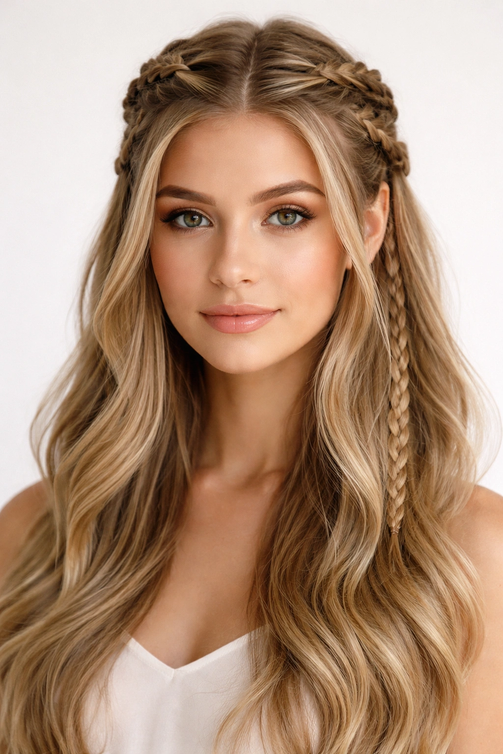 Two Dutch side braids converging into a central half-up knot