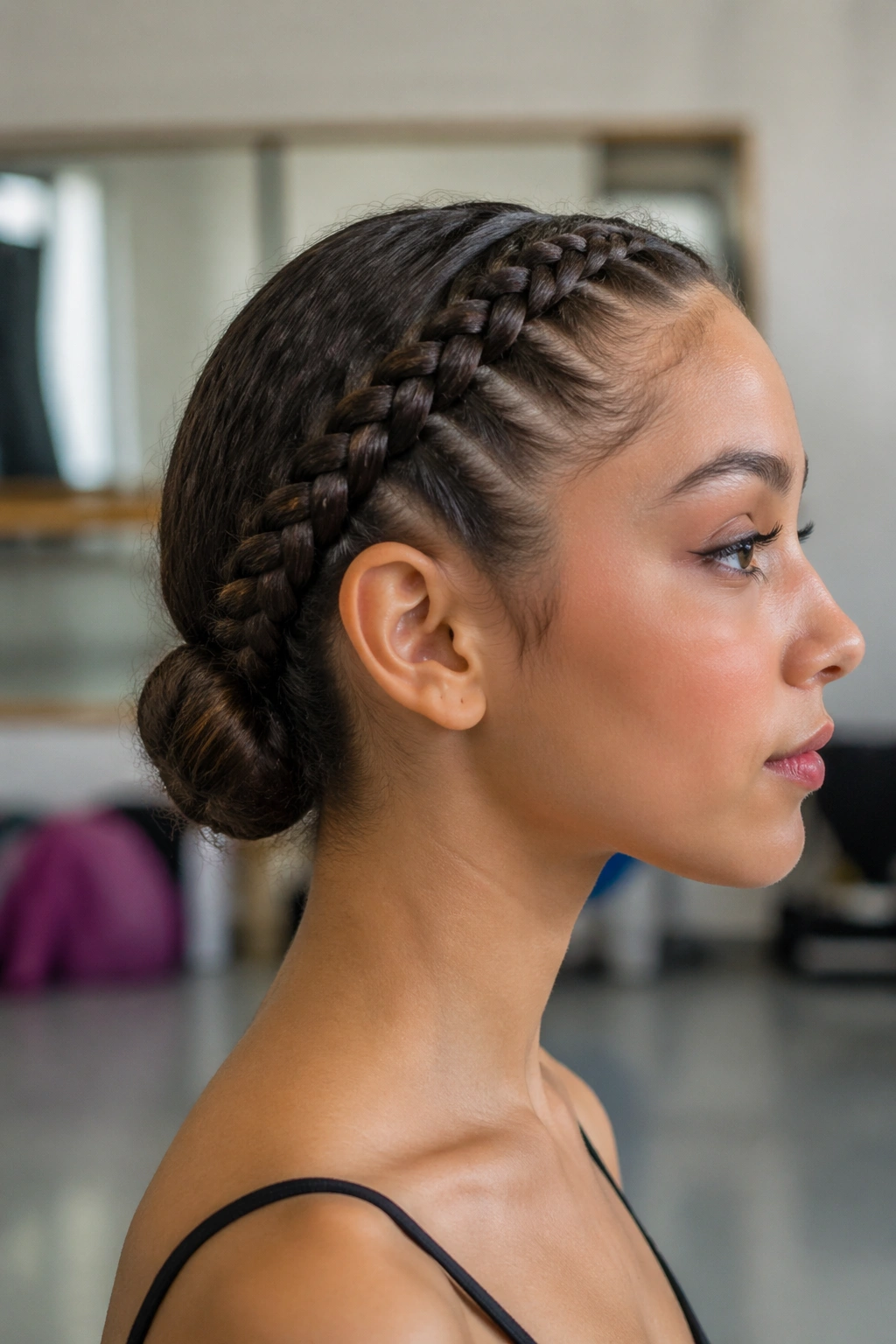 Close-up of double Dutch braids forming a low bun on a real dancer