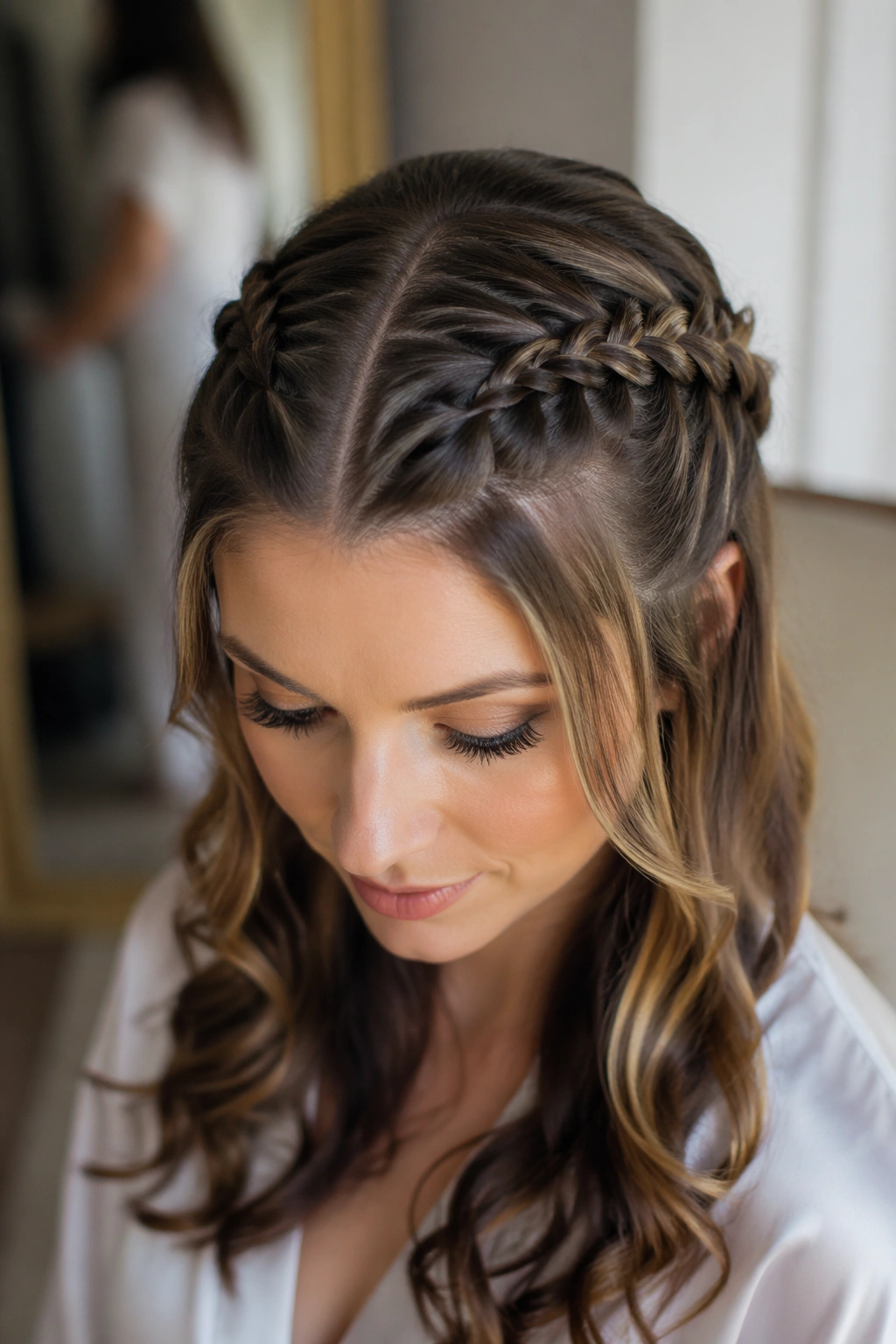 Close-up of a real woman's head with two Dutch braids and a center part