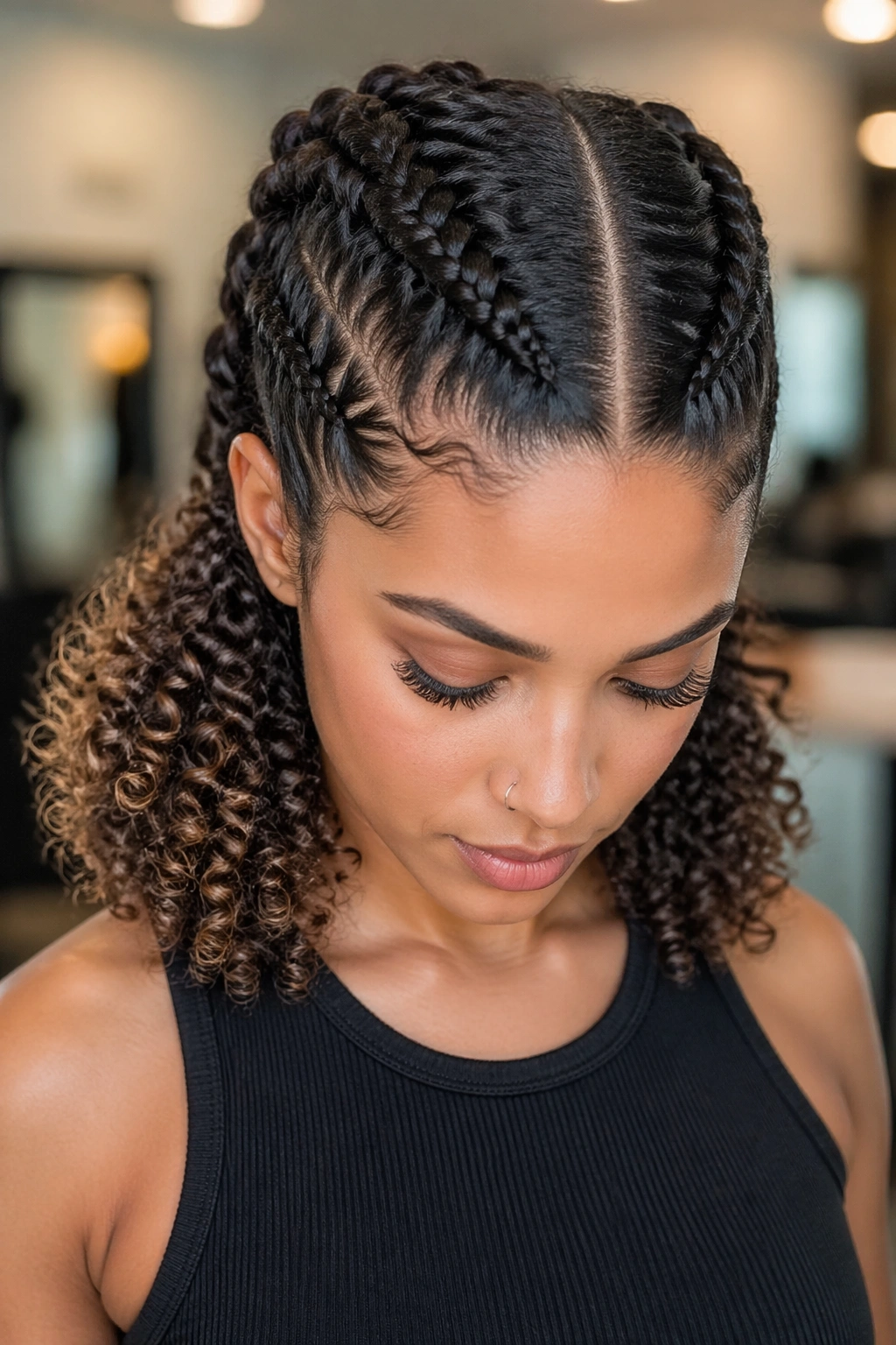 Close-up of a real woman with double Dutch braids on curly hair