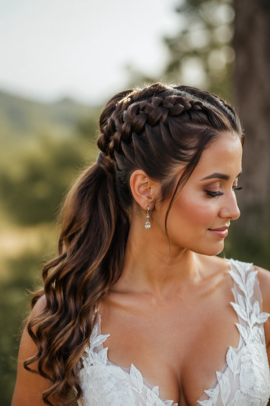 Bride with two Dutch braids into a half pony seen from front