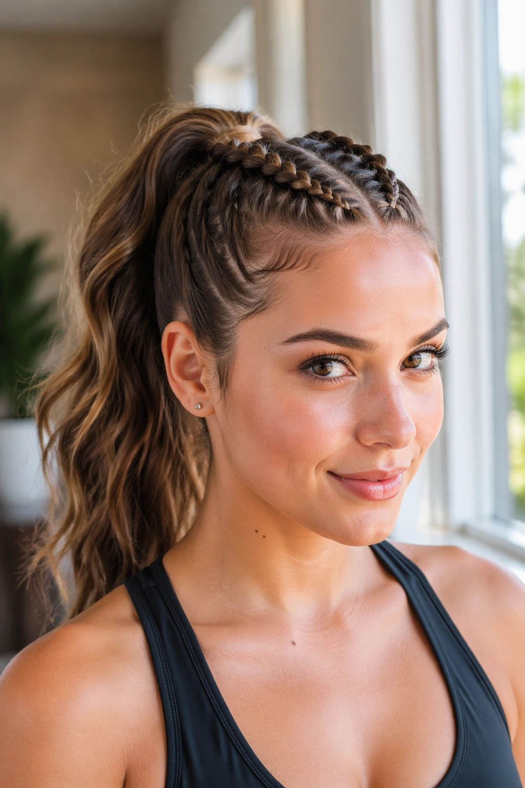 Real woman with twin Dutch braids pulled into a high ponytail