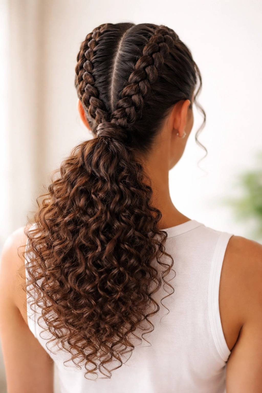 Back view of double Dutch braids converging into a ponytail