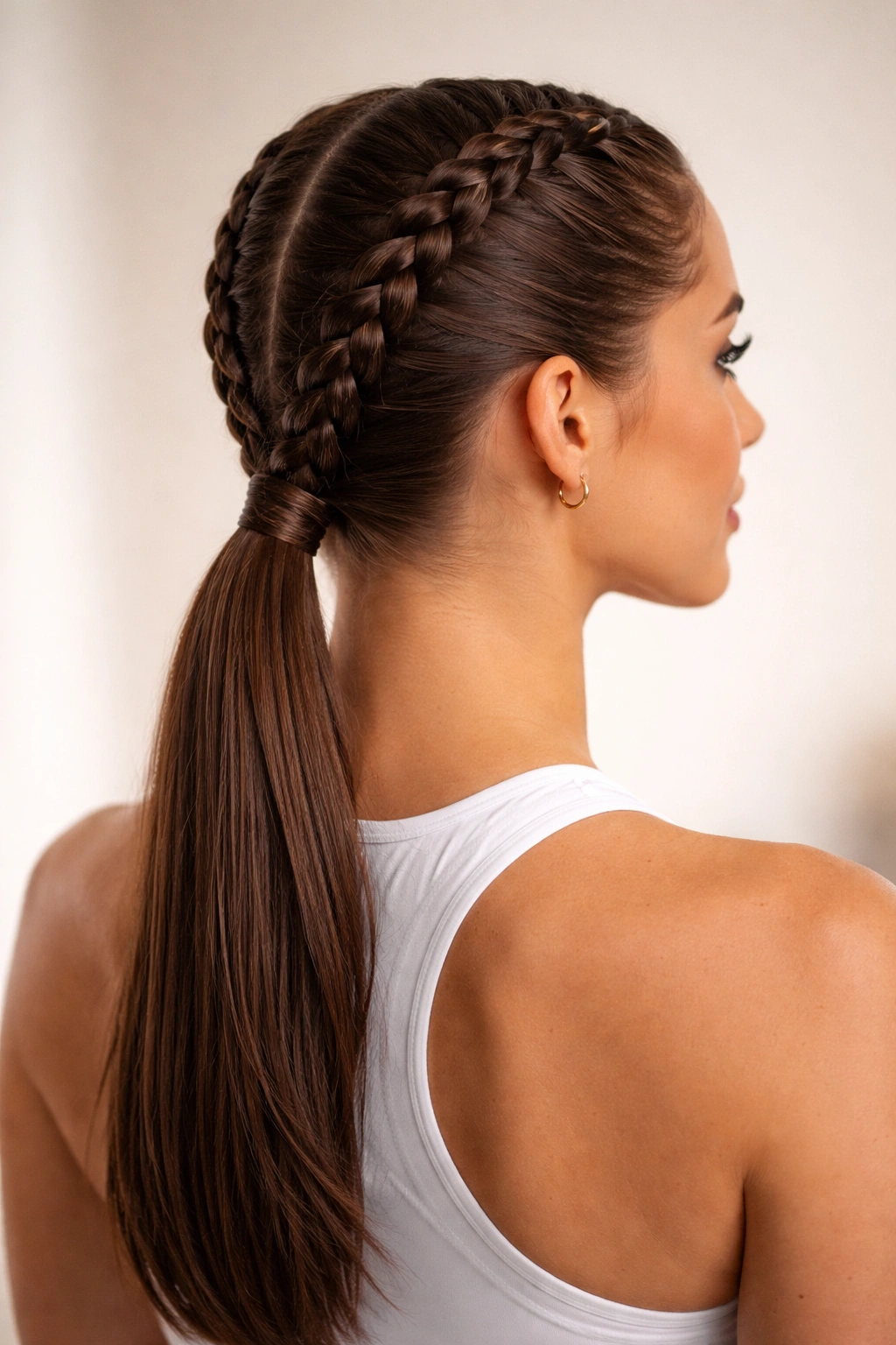 Two Dutch braids converging into a single low ponytail