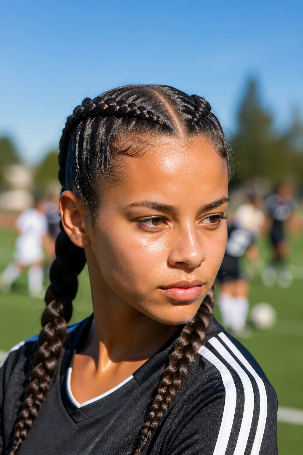 Close-up of a real athlete with doubleDutch braids on a sunny field